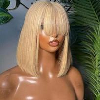 Cheapest 613 Blonde None Lace Wig Glueless Ready to Wear Full Machine Made Human Hair Color Wigs Remy Short bob Wig with Bangs (as the picture,8 Inches&Straight&None Lace)