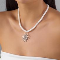 Boho Natural Gravel Choker Necklace for Women Vintage Silver Color Sun Pendant Necklaces Summer Beach Vacation Jewelry Gift