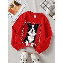 Kids Sweatshirt,Adorable Dog Adorned with a Heart-Patterned Bandana on a Red Backdrop, Stylish Crew Neck Sweatshirt , Perfect for Autumn And Winter 110 raudona