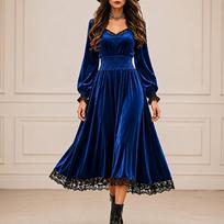 Women's V-Neck Long Sleeve Lace Patchwork Maxi Dress for Evening Party Formal Occasions M