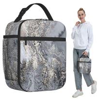 Grey And Silver Marbl Insulated Lunch Bag for Women Office Cooler Thermal Food Box Tote Portable Lunch Boxes Container One Size