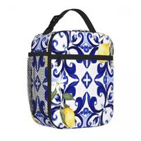 Bestselling Summer,blue Tiles,mosaic,Sicilian Style, Pattern Picnic Style Leakproof Lunch Bag Bus Trip Insulated Food Bag One Size