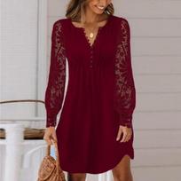 Summer Party Dress Women Lace Splice Long Sleeve Button Round Neck Summer Dress S