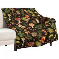 Vintažinis toksiškų grybų miško raštas ant juodo pledo sofai Plonas plaukuotas pledas Size: 75*100cm, Weight: 230 GSM beige