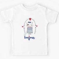 cute french cat wearing a beret, saying bonjour  Kids T-Shirt 150