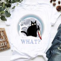Cat What? Murderous Black Cat With Knife Halloween Costume, Black Cat, Funny Black CaT-Shirt, Funny Halloween shirt, Shirt for Men and Women M