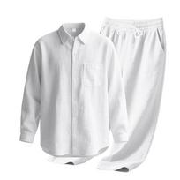Men Linen Matching Outfit Set Front Pocket Long Sleeve Shirt Elastic Drawstring Straight Leg Trousers Lightweight Breathable Beach Daily Casual Suit S balta