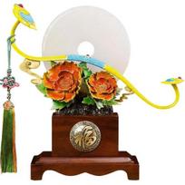 Aris & Juno Feng Shui Peace & Fortune Statue, Handcrafted Copper & Natural Jade Sculpture with Wooden Base, Chinese Lucky Charm for Home Office