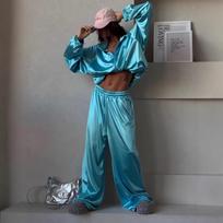 Women Satin Crop Windbreaker and Wide Leg Pants Set Casual Long Sleeve Tracksuit Two Piece Outfit S mėlyna