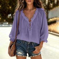 Women's V-Neck Blouse with Lace Ruffle Trim Casual Everyday Top XL