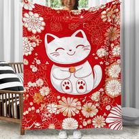 1pc Maneki Neko Lucky Cat Red Fleece Blanket Japanese Fortune Cat Design Soft Flannel Throw Gift for Home Decor Size: 75*100cm, Weight: 230 GSM