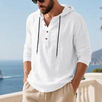Mens Loose Casual Hooded Long Sleeve Breathable Solid Linen T Shirt S balta