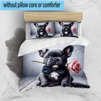 French Bulldog With Rose 3pcs Bedding,Including 1pc Duvet Cover And 2pcs Pillowcases Perfect for Christmas,Ideal for Bedroom, Dormitory 135cm*200cm