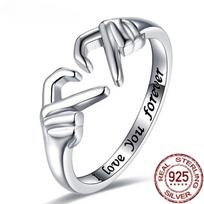 100% Silver 925 Hollow Romantic Heart Hand Hug Open Rings for Women Teen Girls Adjustable Finger Ring Punk Gesture Resizable&Platinum Plated