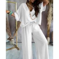 Summer V-neck Bat-sleeved Rayon Top Lace-up Casual Pants Suit Casual Suit for Vacation Party Casual Dress S