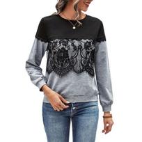 Winter Fall Lady Sweatshirt Lace Decor Floral Embroidery O Neck Long Sleeves Colorblock Patchwork Loose Pullover Casual Commuting Top S