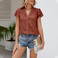 Women's Fashion Short Sleeve Lace Blouse V Neck Flying Sleeve Loose Comfortable Women's Blouse M