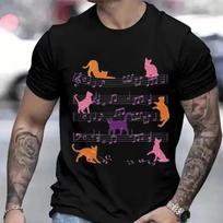 Summer T-shirt Men Cat Playing Music Note Print Fashion Short Sleeve Top Notes and Cat T Shirt for Men Black Cat Music Men Shirt S smėlis