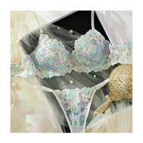 New French Underwear Two-piece Set Lace Blue Peach Blossom Edge Temptation Perspective Sex Underwear Ultra-thin and Skin-friendly S
