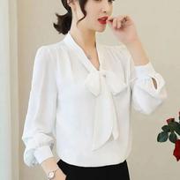 Spring Autumn Elegant Fashion Scarf Collar Lace Up Shirt Women Long Sleeve Solid Collar Pullover Blouse Top S