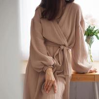 Solid Sleepwear Women's Robe Puff Sleeves Bathrobe Kimono Long Sleeve Nightwear Cotton Robes Female Home Wear Dressing Gowns S ruda