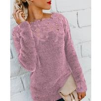 In-Stock 2025 Women's Solid Color Patchwork Lace Trim Long-Sleeved Sweater (OM8819) 4XL