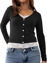 2025 Versatile V-neck Button Ribbed Lace Patchwork Long Sleeve Women's Top S