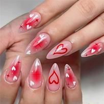24PCS Glossy ABS Press On Nail Medium Length Waterdrops Shape Valentines Blush Hearts With Golden Starry Accents 1