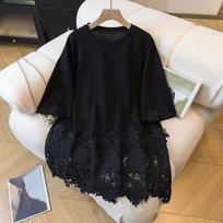 Fashionable Lace Spliced Round Neck Short-sleeved T-shirt for Women in Summer Loose Versatile Top Casual Versatile Pullover M