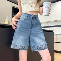 Women's Summer High-Waisted Embroidered Lace A-Line Denim Shorts - Loose Fit, Petite, Wide-Leg, Five-Point Design Extra Large