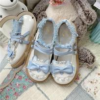 Women's Sweet Lolita Shoes Blue Bow Lace Trim Mary Janes Round Toe Platform Cosplay Shoes 35