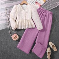 Girls' Fashion Set - Summer Children's Casual Lace Plaid Shirt and Wide Leg Pants Set 130cm=8Y