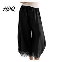 Loose Silhouette Pants Women Cropped Lace Hem Pants Summer Wide Leg Fit Casual Drawstring Waist Lightweight Trousers with Pockets Soft XXL