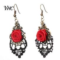 Lace 1 Pair Women Fashion Red Rose Hollow Dangle Hook Earrings Jewelry Gift Accessories