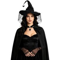 Halloween Witch Costume 4-Piece Set with Hat Gloves Necklace Cape for Women One Size