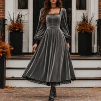 Women's Color Square Neck Long Sleeve Lace Patchwork Evening Dress for Party and Formal Events L