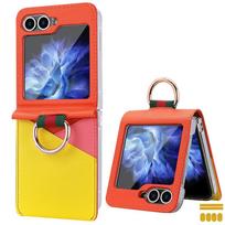 Color Collision Design Z Flip 6 Phone Case with Finger Ring, PU Leather Phone Case for Samsung Galaxy Z Flip 6 5 4 3, Card Slot For Samsung Z Flip 4 oranžinė