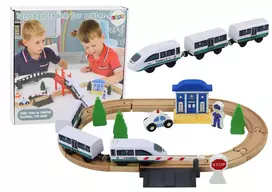 LEAN TOYS Wooden Railway Track Train Set su Policijos Stotimi ir Tiltu 3.2m 75 dalių