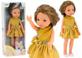 LEAN TOYS Lėlė Geltona Suknelė Rudi Plaukai Didelė Lėlė 33cm