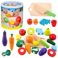LEAN TOYS Daržovių ir vaisių pjaustymo rinkinys su lentute, peiliu ir mediniu kibirėliu