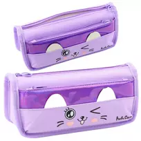 LEAN mokyklinis penalas su dviem kišenėmis, katės motyvu, violetinis, 22 cm