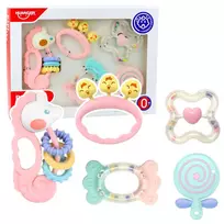 LEAN TOYS Sensorinių barškučių ir dantukų rinkinys kūdikiams Rožinis 5vnt