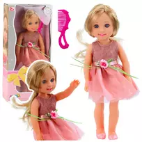 LEAN TOYS Lėlė su suknele ir kaspinu, ilgais plaukais, rožinė, šukos, 38 cm