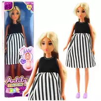 LEAN TOYS Anlily Nėščia Lėlė Juodai Balta Dryžuota Suknele su Kūdikiu