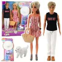 LEAN TOYS Anlily Lėlių Rinkinys: Mergaitė su Berniuku, Skrybėle ir Šuns Aksesuarais