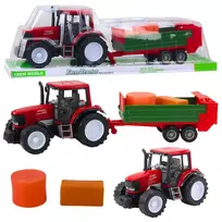 LEAN TOYS Žemės ūkio traktorius su žaliu priekabu ir raudonu šienu 62cm