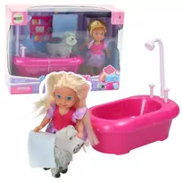 LEAN TOYS Mini lėlės rinkinys su vonia ir baltu šuneliu rožinis