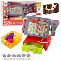 LEAN TOYS Kasos aparatas vaikams su aksesuarais, krepšeliu, vaisiais, garsais ir šviesomis, raudonas