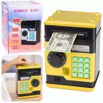 LEAN TOYS ATM elektroninė taupyklė seifas su šviesomis ir garsais, PIN kodu, auksinė