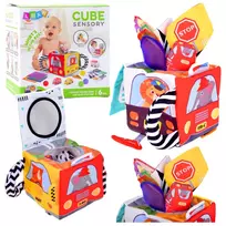 LEAN TOYS Minkštas sensorinis kubas su veidrodėliu, automobiliais ir kelio ženklais mažyliams